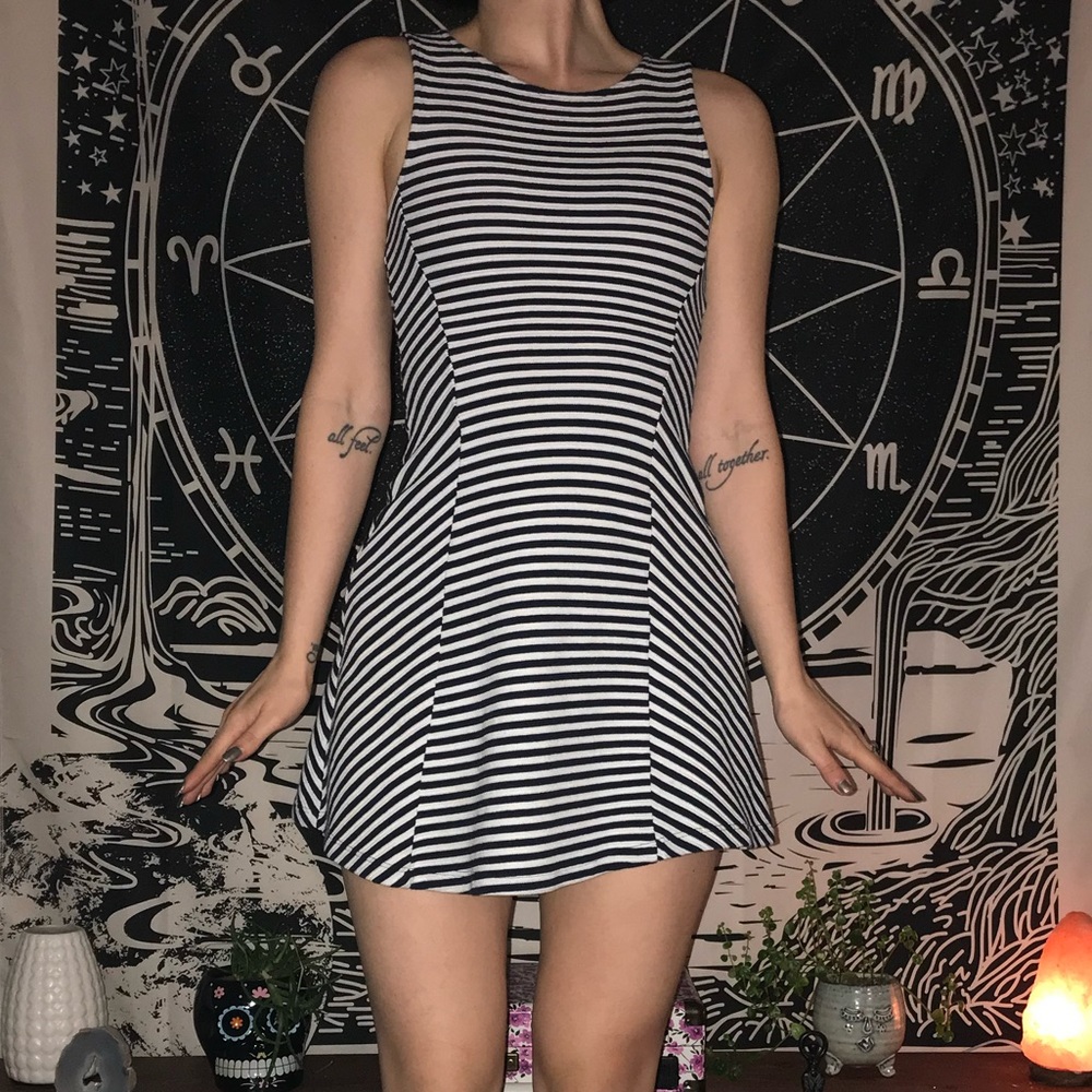 💙🤍 Blue and White Striped Divided Mini Fit and Flare Skater Dress